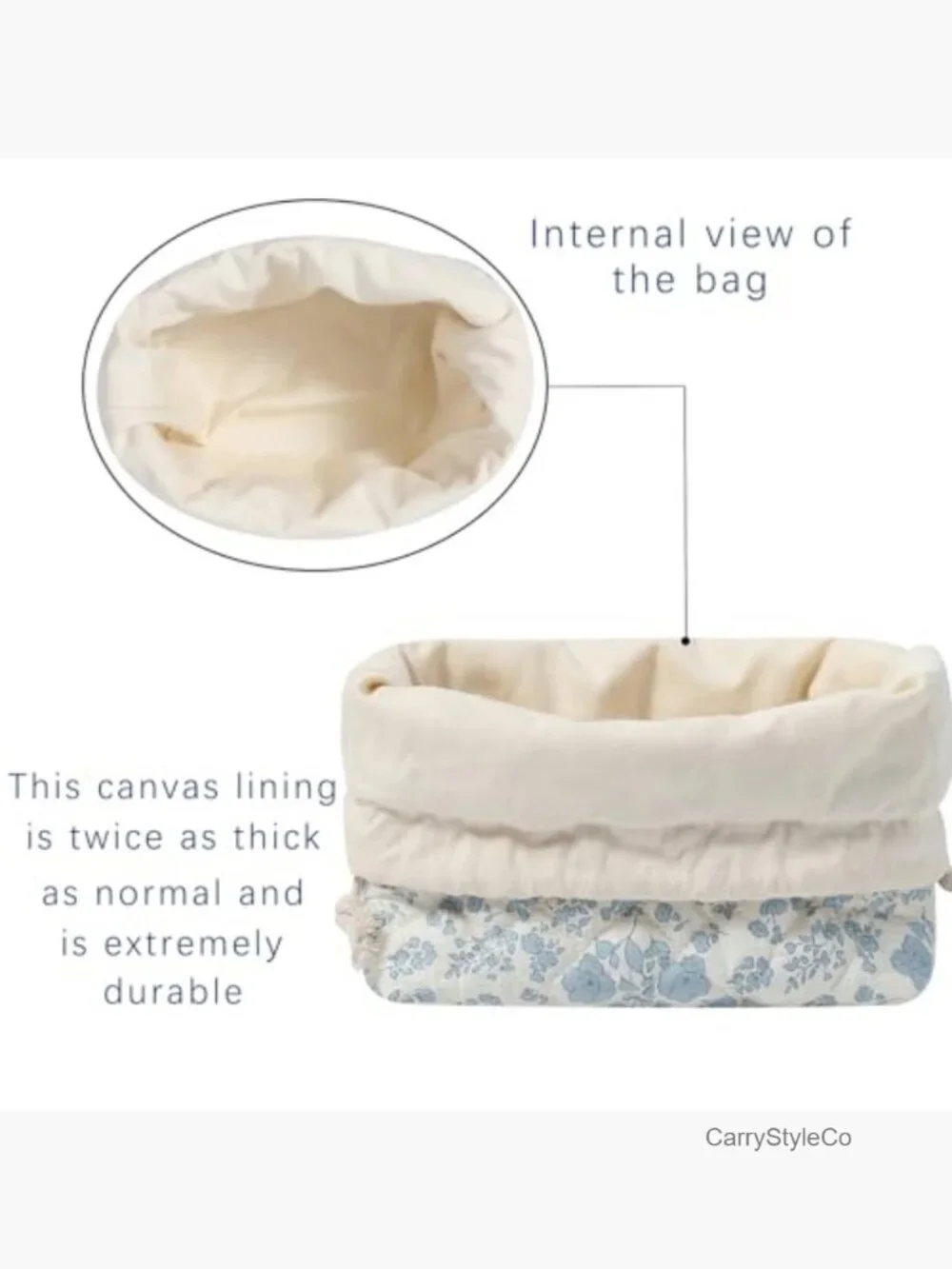 Quilted Drawstring Makeup Bag with Canvas Lining Cotton Travel Toiletry